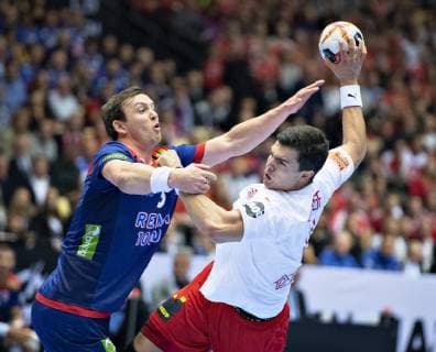 Sander Sagosen of Norway against Rasmus Lauge of Denmark during the mens IHF Handball World Championship gold medal match between Denmark and Norway in Herning Denmark Sunday Jan 27 2019 Herning Jutland Denmark,  Copyright: HenningxBagger HenningxBaggerx COP102 spdk20190127-173724-L