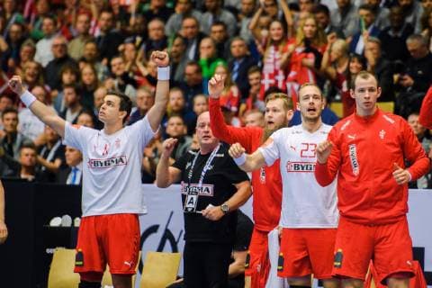 190127 Substitutes of Denmark celebrates during the IHF World Handball Championship final between Norway and Denmark on January 27 2019 in Herning Photo Ludvig Thunman BILDBYR u0081N kod LT 35588,  Copyright: LUDVIGxTHUNMAN BB190127LT078