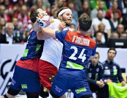 Mikkel Hansen of Denmark against Christian O Sullivan of Norway during the mens IHF Handball World Championship gold medal match between Denmark and Norway in Herning Denmark Sunday Jan 27 2019 Herning Jutland Denmark,  Copyright: HenningxBagger HenningxBaggerx COP102 spdk20190127-174823-L