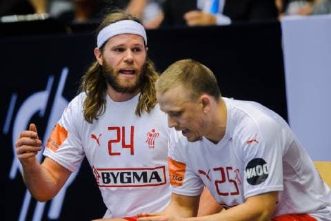 190127 Mikkel Hansen and Morten Toft Olsen of Denmark during the IHF World Handball Championship final between Norway and Denmark on January 27 2019 in Herning Photo Ludvig Thunman BILDBYR N kod LT 35588,  Copyright: LUDVIGxTHUNMAN BB190127LT085