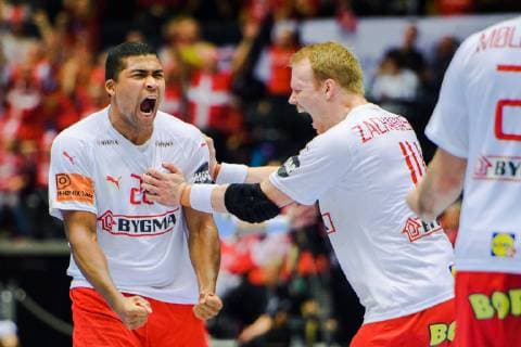 190127 Mads Mensah and Rasmus Lauge of Denmark celebrates during the IHF World Handball Championship final between Norway and Denmark on January 27 2019 in Herning Photo Ludvig Thunman BILDBYR u0081N kod LT 35588,  Copyright: LUDVIGxTHUNMAN BB190127LT099