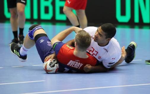 Petter Overby Mads Mensah action game scene duel sport handball world championship world championship men final season 2018 2019 27 01 2019 Norway NOR vs Denmark DEN