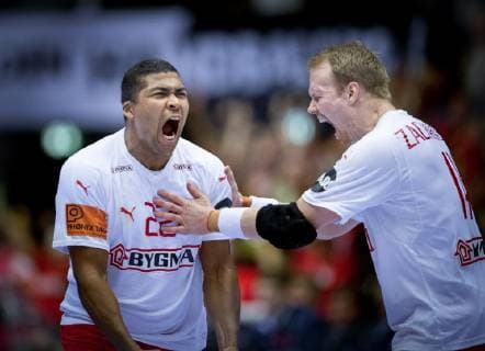 Mads Mensah and Anders Zachariassen of Denmark during the mens IHF Handball World Championship final between Denmark Norway in Herning Denmark on Sunday Jan 27 2019 Herning Denmark,  Copyright: Scanpix LiselottexSabroex COP102 spdk20190127-181813-L
