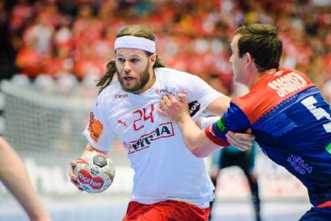 190127 Mikkel Hansen of Denmark and Sander Sagosen of Norway during the IHF World Handball Championship final between Norway and Denmark on January 27 2019 in Herning Photo Ludvig Thunman BILDBYR u0081N kod LT 35588,  Copyright: LUDVIGxTHUNMAN BB190127LT104