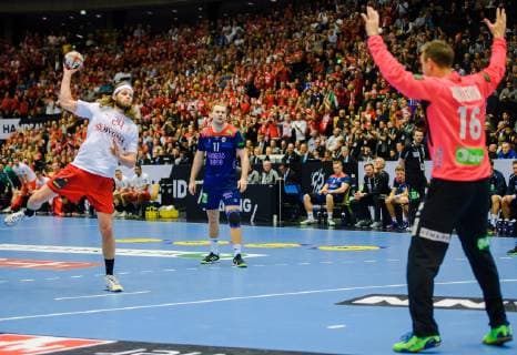 190127 Mikkel Hansen of Denmark and Goalkeeper Espen Christensen of Norway during the IHF World Handball Championship final between Norway and Denmark on January 27 2019 in Herning Photo Ludvig Thunman BILDBYR u0081N kod LT 35588,  Copyright: LUDVIGxTHUNMAN BB190127LT116