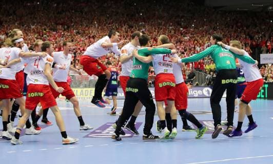 Danes celebrate championship title joy emotion cheering jubilation after victory sport handball world championship mens final season 2018 2019 27 01 2019 Norway NOR vs Denmark DEN