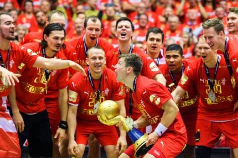 190127 Players of Denmark celebrates at the podium with the trophy after the IHF World Handball Championship final between Norway and Denmark on January 27 2019 in Herning Photo Ludvig Thunman BILDBYR u0081N kod LT 35588,  Copyright: LUDVIGxTHUNMAN BB190127LT146