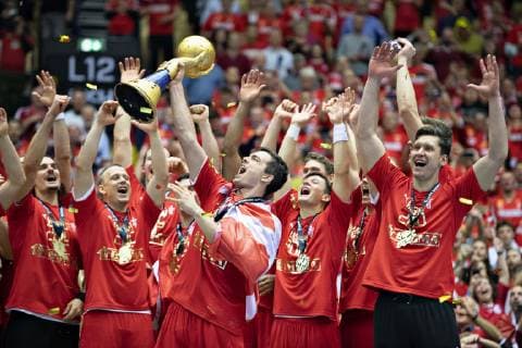 Rasmus Lauge of Denmark with the trophy and gold medal after the men s IHF Handball World Championship gold medal match between Denmark and Norway in Herning Denmark Sunday Jan 27 2019 Herning Jylland Denmark,  Copyright: HenningxBagger HenningxBaggerx COP102 spdk20190127-194747-L