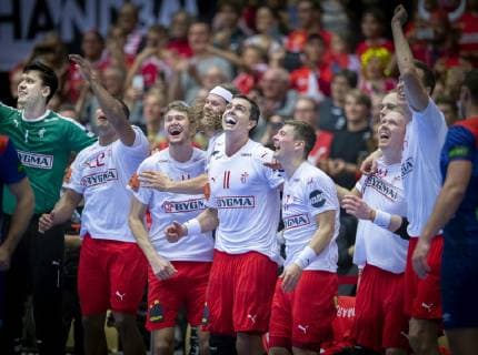 Niklas Landin Magnus Landin Mikkel Hansen Rasmus Lauge Lasse Svan and Anders Zachariassen in the end of the mens IHF Handball World Championship final between Denmark Norway in Herning Denmark on Sunday Jan 27 2019 Herning Denmark,  Copyright: Scanpix LiselottexSabroex COP102 spdk20190127-201925-L