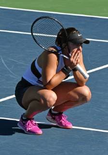 NEWPORT BEACH, CA - JANUARY 27: Bianca Andreescu (CAN) reacts on the court after defeating Jessica Pegula (USA) in three sets to become champion of the 2019 Oracle Challenger Series played on January 27, 2019 at the Newport Beach Tennis Club in Newport Beach, CA. (Photo by John Cordes Icon Sportswire) TENNIS: JAN 27 Oracle Challenger Series Icon506190127012 EDITORIAL USE ONLY