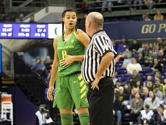 SEATTLE, WA - JANUARY 27: Oregon Ducks forward Satou Sabally (0) communicates with the official during a college basketball game between the Oregon Ducks against the Washington Huskies on January 27, 2019, at Alaska Airlines Arena at Hec Edmundson Pavilion in Seattle, WA. (Photo by Joseph Weiser Icon Sportswire) COLLEGE BASKETBALL: JAN 27 Women s Oregon at Washington Icon190127062 EDITORIAL USE ONLY