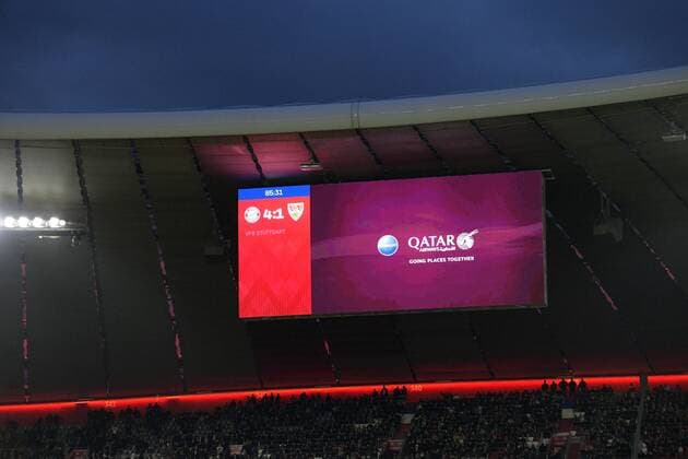27 01 2019 Football 1 Bundesliga 2018 2019 19 Matchday FC Bayern Munich VfB Stuttgart in the Allianz Arena Munich advertising logo of Qatar Airways on the scoreboard DFL and DFB regulations prohibit any use of photographs as image sequences and or quasi video