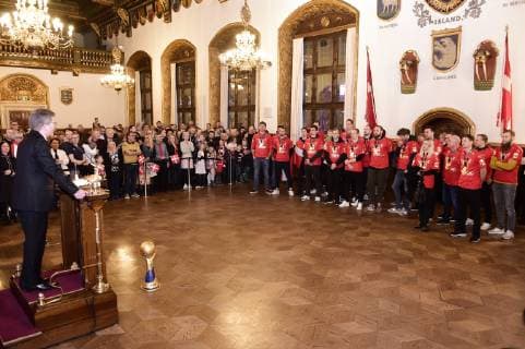 The Danish mens team that Sunday won gold in the World Cup in handball is hailed at Koebenhavns Raadhusplads Monday 28 January 2019 The handball champions are hailed from ball,  Copyright: MadsxClausxRasmussenx COP107 spdk20190128-175535-L