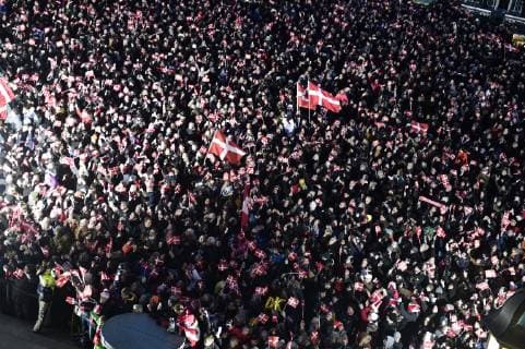 The Danish mens team that Sunday won gold in the World Cup in handball is hailed at Koebenhavns Raadhusplads Monday 28 January 2019 The handball champions are hailed from ball,  Copyright: MadsxClausxRasmussenx COP107 spdk20190128-175552-L