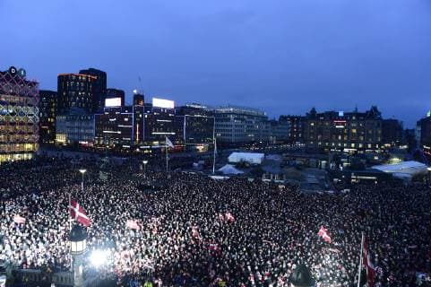 The Danish mens team that Sunday won gold in the World Cup in handball is hailed at Koebenhavns Raadhusplads Monday 28 January 2019 The handball champions are hailed from ball,  Copyright: MadsxClausxRasmussenx COP107 spdk20190128-175604-L