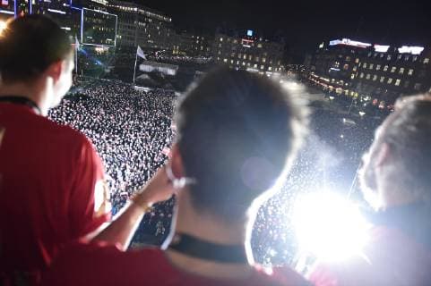 The Danish mens team that Sunday won gold in the World Cup in handball is hailed at Koebenhavns Raadhusplads Monday 28 January 2019 The handball champions are hailed from ball,  Copyright: MadsxClausxRasmussenx COP107 spdk20190128-175643-L
