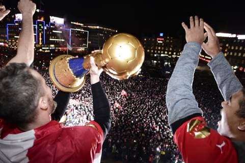 The Danish mens team that Sunday won gold in the World Cup in handball is hailed at Koebenhavns Raadhusplads Monday 28 January 2019 The handball champions are hailed from ball,  Copyright: MadsxClausxRasmussenx COP107 spdk20190128-181806-L
