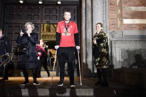 The Danish mens team that Sunday won gold in the World Cup in handball is hailed on Koebenhavns Raadhusplads Monday, January 28, 2019 The handball champions are hailed from ball Denmark,  Copyright: MadsxClausxRasmussenx COP107 spdk20190128-182103-L