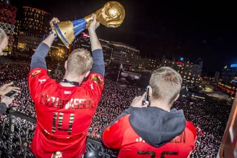 The Danish mens team that won gold in the World Cup in handball is hailed at Koebenhavns Raadhusplads Monday 28 January 2019 Copenhagen Denmark,  Copyright: RitzauxScanpix MadsxClausxRasmussenx COP107 spdk20190128-191419-L