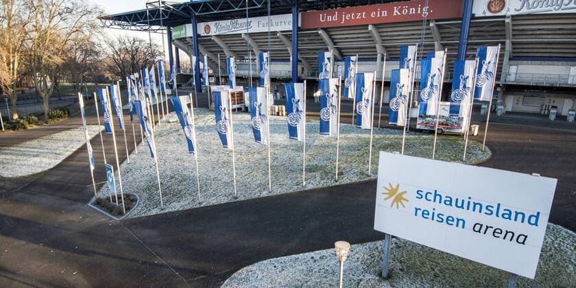 View from above of the flags in the entrance area of the Schauinsland Reisen Arena at Schauinsland Reisen Arena THEMENBILD Sports venues from above 21 01 2019 Schauinsland Reisen Arena THEMENBILD Sports venues from above 21 01 2019 Duisburg Copyright: xEIBNER MarioxHommesx EP_MHS