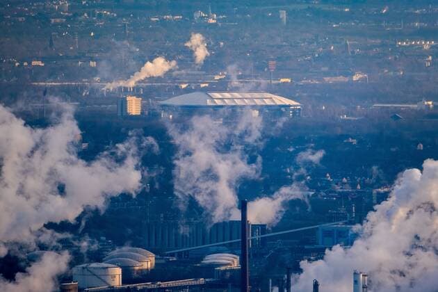 Aerial view Veltins Arena Schalkestadion Auf Schalke Schalke Arena Cooling towers Evening sun Steam clouds Gelsenkirchen Ruhr area North Rhine-Westphalia Germany ACHTUNGxMINDESTHONORARx60xEURO