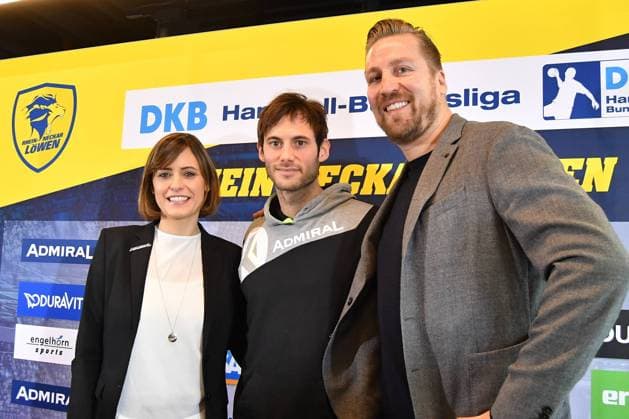 Rhein Neckar Loewen v l Rhein Neckar Loewe Managing Director Jennifer Kettemann Rhein Neckar Loewe Uwe Gensheimer and Rhein Neckar Loewe Team Manager Oliver Roggisch at the press conference of Rhein Neckar Löwen Mannheim 30 01 19 Handball SAP Arena Mannheim Baden Wuerttemberg Germany SAP Arena