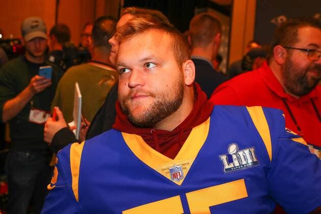 ATLANTA, GA - JANUARY 31: Los Angeles Rams center Brian Allen (55) answers questions during the Los Angeles Rams Super Bowl LIII press conference PK Pressekonferenz on January 31, 2019 at the Atlanta Marriott Buckhead in Atlanta, GA. (Photo by Rich Graessle Icon Sportswire) NFL American Football Herren USA JAN 31 Super Bowl LIII - Rams Press Conference Icon1901311146 EDITORIAL USE ONLY