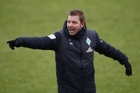 30 01 2019 Training area at Weser Stadium Bremen Werder Bremen during training on training area in picture Florian Kohfeldt Coach Bremen gives instructions Training of Werder Bremen on training area at Weser Stadium