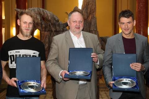 v left Matthias Musche SC Magdeburg Germany DHB President Andreas Michelmann President of the German Handball Federation National Coach Christian Prokop Germany Prime Minister Dr Reiner Haseloff will receive a delegation of successful German handball players from Saxony-Anhalt, Germany Handball Man Men 30 01 2019, at the State Chancellery in Magdeburg on Wednesday, 30 January 2019