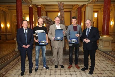 v left State Secretary for Culture Gunnar Schellenberger CDU Saxony Anhalt Matthias Musche SC Magdeburg Germany DHB President Andreas Michelmann President of the German Handball Federation National Coach Christian Prokop Germany Prime Minister Dr Reiner Haseloff CDU Saxony Anhalt Prime Minister Dr Reiner Haseloff receives on Wednesday 30 January 2019 in the State Chancellery in Magdeburg a delegation of successful German handball players from Saxony Anhalt Germany Handball Man Men 30 01 2019