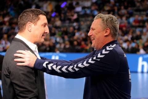 Stuttgart Germany 01 02 2019 All Star Game 2019 Handball Stefan Kretzschmar and coach Nikolaj Jacobsen Allstar in conversation DeFodi541