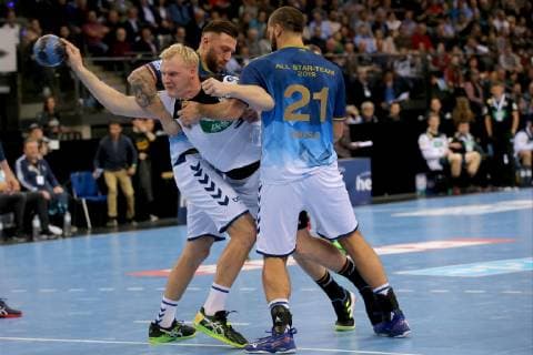 Stuttgart Germany 01 02 2019 All Star Game 2019 Handball Fabian van Olphen Allstar Patrick Wiencek GER and Zeljko Musa Allstar in the duel DeFodi541