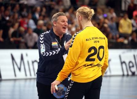 DKB Handball Bundesliga All Star Game 2019 Germany Stuttgart 01 02 2019 Handball DKB Handball Bundesliga All Star Game 2019 German Handball National Team World Team DBK HBL v l Nicolaj Jacobsen Mikael Appelgren