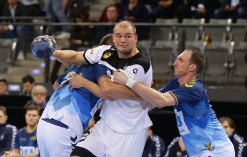 Stuttgart Handball All Star Game 2019 All Star Team vs. German National Team from left Paul Drux Deut Holger Glandorf AllStar