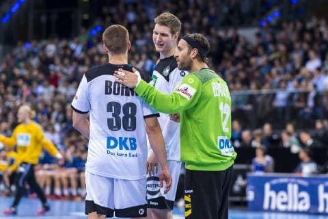 Stuttgart Germany 01 February 2019 All Star Game 2019 Germany vs. All Star Team Fabian Böhm Boehm Germany TSV Hannover Finn Lemke Germany MT Melsungen Torhueter Silvio Heinevetter Germany Fuechse Berlin Stuttgart Porsche Arena Baden Württemberg Germany