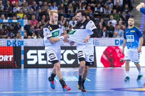 Stuttgart Germany 01 February 2019 All Star Game 2019 Germany vs. All Star Team Matthias Musche Germany SC Magdeburg Patrick Groetzki Germany Rhein Neckar Loewen Stuttgart Porsche Arena Baden Württemberg Germany