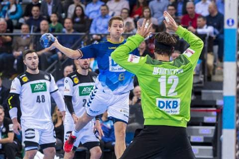 Stuttgart Germany 01 February 2019 All Star Game 2019 Germany vs. All Star Team Bjarki Elisson Fuechse Berlin Torhueter Silvio Heinevetter Germany Fuechse Berlin Stuttgart Porsche Arena Baden Württemberg Germany