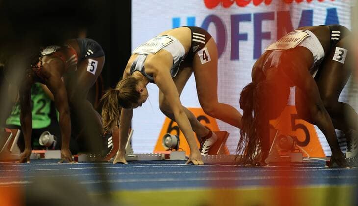 Gina Lueckenkemper GER Kristal Awuah GBR at the start of preliminary 1 at the 6 ISTAF Indoor in the Mercedes Benz Arena Berlin on 01 02 2019 6 ISTAF Indoor 2019 60m Women Heat 1