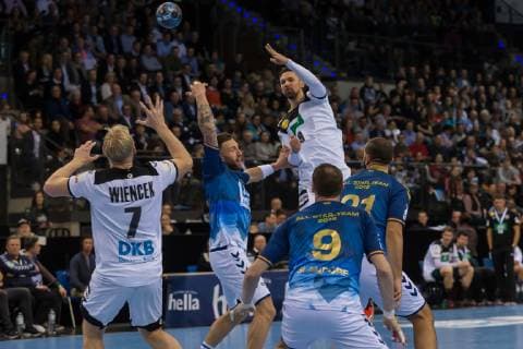 Stuttgart Germany 01 02 2019 All Star Game 2019 Handball Patrick Wiencek GER Fabian van Olphen Allstar Fabian Wiede GER Holger Glandorf Allstar and Zeljko Musa Allstar in the duel DeFodi541