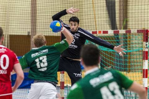 Oehringen Germany 02 February 2019 Hohenlohe Cup 2019 DjK Rimpar vs TSG Friesenheim Patrick Gempp Rimpar Torhueter Matej Asanin Friesenheim Oehringen Hohenlohehalle Baden Württemberg Germany