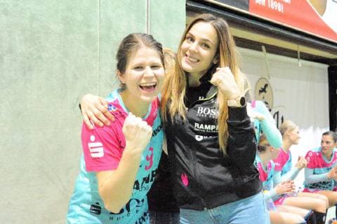 Anika Niederwieser TusSies Metzingen 14 and Patricia Kovacs TusSies Metzingen 9 after the game TusSies Metzingen Handball HBF League game EHF Cup Group phase 02 02 2019 Photo TBaur Eibner TusSies Metzingen vs IK Saevehof Metzingen Copyright: xEIBNER TobiasxBaurx EP_TBR