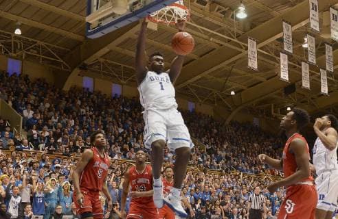 February 2, 2019 - Durham, NC, USA - Duke s Zion Williamson (1) slams a dunk over the St. John s defense in the second half at Cameron Indoor Stadium in Durham, N.C., on Saturday, Feb. 2, 2019. Duke won, 91-61. St. John s at Duke - ZUMAm67_ 20190202_zaf_m67_003 Copyright: xChuckxLiddyx