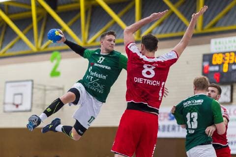 Oehringen Germany 02 February 2019 Hohenlohe Cup 2019 DjK Rimpar vs TSG Friesenheim v left Patrick Schmidt Rimpar Gunnar Dietrich Friesenheim Patrick Gempp Rimpar Oehringen Hohenlohehalle Baden Württemberg Germany
