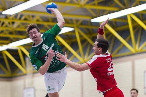 Oehringen Germany 02 February 2019 Hohenlohe Cup 2019 DjK Rimpar vs TSG Friesenheim v li Lukas Boehm Rimpar Jannik Hofmann Friesenheim Oehringen Hohenlohehalle Baden Württemberg Germany