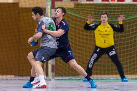 Oehringen Germany 02 February 2019 Hohenlohe Cup 2019 SG BBM Bietigheim vs DjK Rimpar Patrick Gempp Rimpar Maximilian Trost SG BBM Bietigheim Oehringen Hohenlohehalle Baden Württemberg Germany