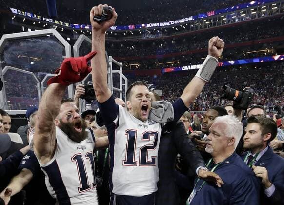 Sport Themen der Woche KW05 Sport Bilder des Tages New England Patriots MVP Julian Edelman (L) and quarterback Tom Brady celebrate winning Super Bowl LIII at Mercedes-Benz Stadium in Atlanta on February 3, 2019. New England wins its sixth Super Bowl beating Los Angeles 13-3 to win Super Bowl LIII.  SBP20190203149 JOHNxANGELILLO
