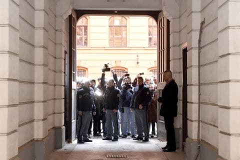 Journalists and bodyguards wait for Petra Kvitova in front of the Brno Regional Court during the case of Radim Zondra on February 5, 2019, in Brno, Czech Republic. Zondra is charged with attacking Czech top tennis player and double Wimbledon winner Petra Kvitova and severely injuring her left, playing hand in her flat in Prostejov, south Moravia, in December 2016. (CTKxPhoto VaclavxSalek) CTKPhotoP201902050368701  sal 07