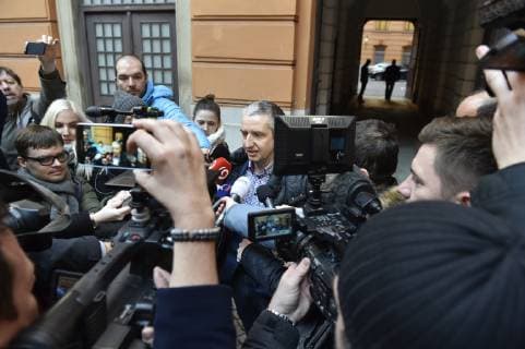 Kvitova s spokesman Karel Tejkal speaks to journalists in front of the Brno Regional Court after Petra Kvitova testified in the case of Radim Zondra on February 5, 2019, in Brno, Czech Republic. Zondra is charged with attacking Czech top tennis player and double Wimbledon winner Petra Kvitova and severely injuring her left, playing hand in her flat in Prostejov, south Moravia, in December 2016. (CTKxPhoto VaclavxSalek) CTKPhotoP201902050369001  sal 08