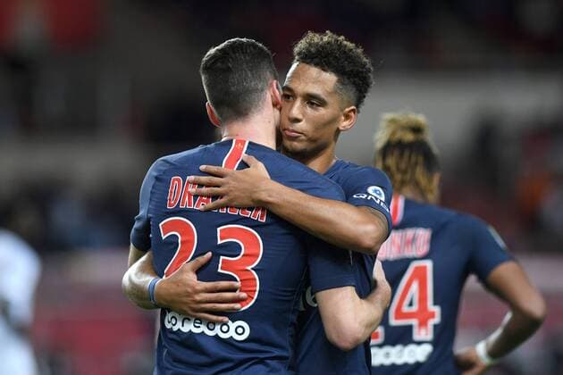 Ligue 1 2018 - 2019, Monte-Carlo, AS Monaco - PSG 0-4, celebration, JULIAN DRAXLER, JAN THILO KEHRER LIGUE 1 2018-19 AS MONACO-PSG PARIS SAINT GERMAIN 0-4