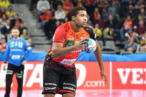 Rhein Neckar Loewen HC Vardar Skopje Rhein Neckar Loewe Mads Mensah Larsen No 22 with the ball at the match in the Champions League Rhein Neckar Loewen HC Vardar Skopje Mannheim 06 02 19 Handball Champions League Group Phase Mannheim Baden Wuerttemberg Germany SAP Arena